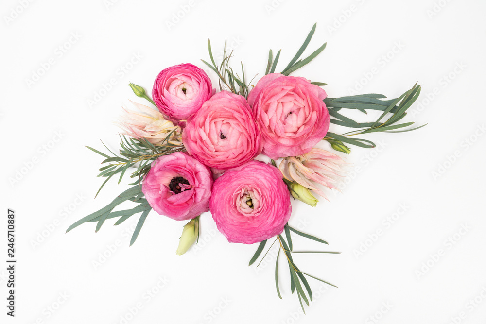 Pink Ranunculus Floral Flat lay on white background
