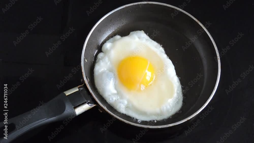 Egg is fried in a skillet. Cooking breakfast. Egg is fried in a skillet. Cooking breakfast.