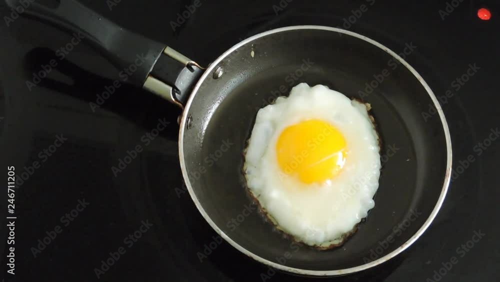 Egg is fried in a skillet. Cooking breakfast. Egg is fried in a skillet. Cooking breakfast.
