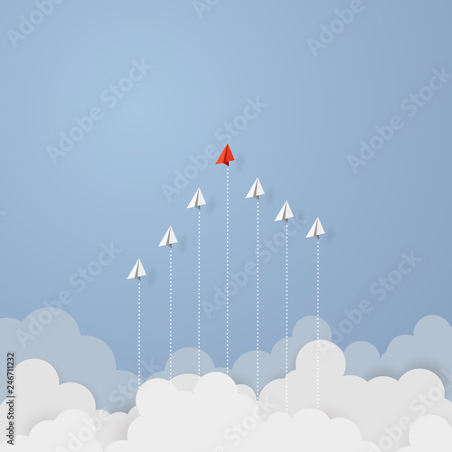 Business concept. Red paper leader airplane flying on blue sky of business teamwork and one different vision. Leader, New idea, boss, manager, winner concept, trend. Vector illustration
