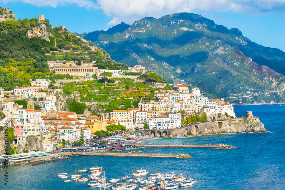 Beautiful view of the Amalfi city in Amalfi coast - Italy