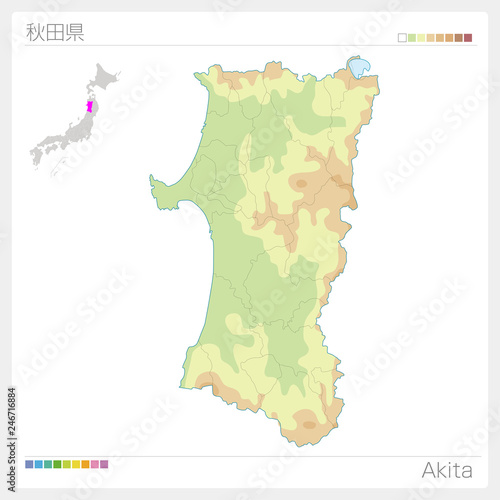 秋田県の地図（等高線・色分け）