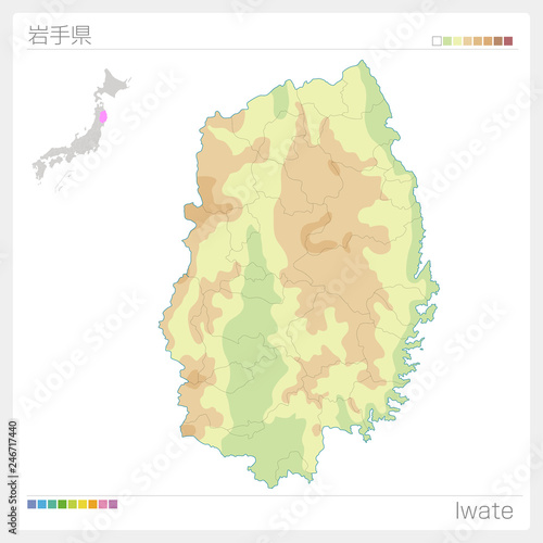 岩手県の地図（等高線・色分け）