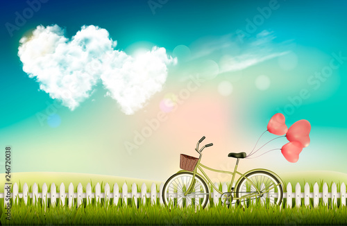 Valentine's Day background with a heart shaped clouds and a bicycle. Vector.