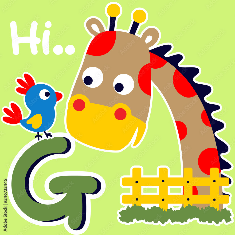 Obraz premium Giraffe cartoon with little bird