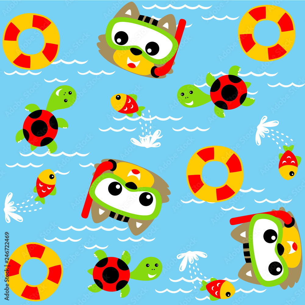 Cartoon cat with friends in swimming pool on pattern background Cartoon cat with friends in swimming pool on pattern background