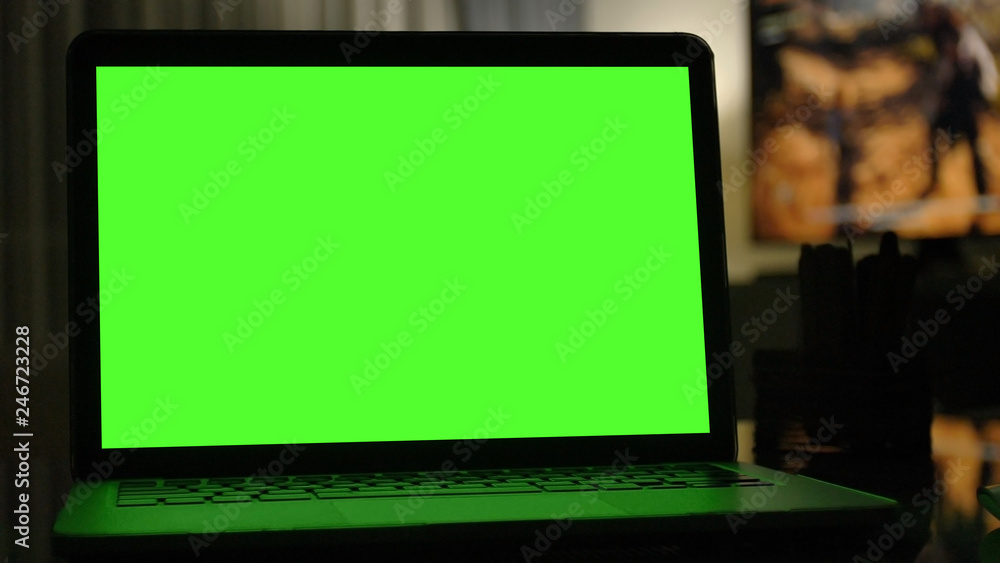Laptop with green screen for replacement with blur background Laptop with green screen for replacement with blur background