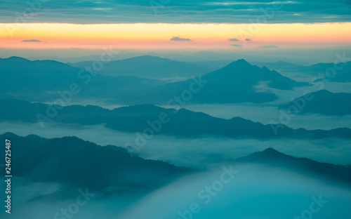 Beautiful mountains and sea of fog in the early morning of Northern Thailand. Natural background. © boyloso