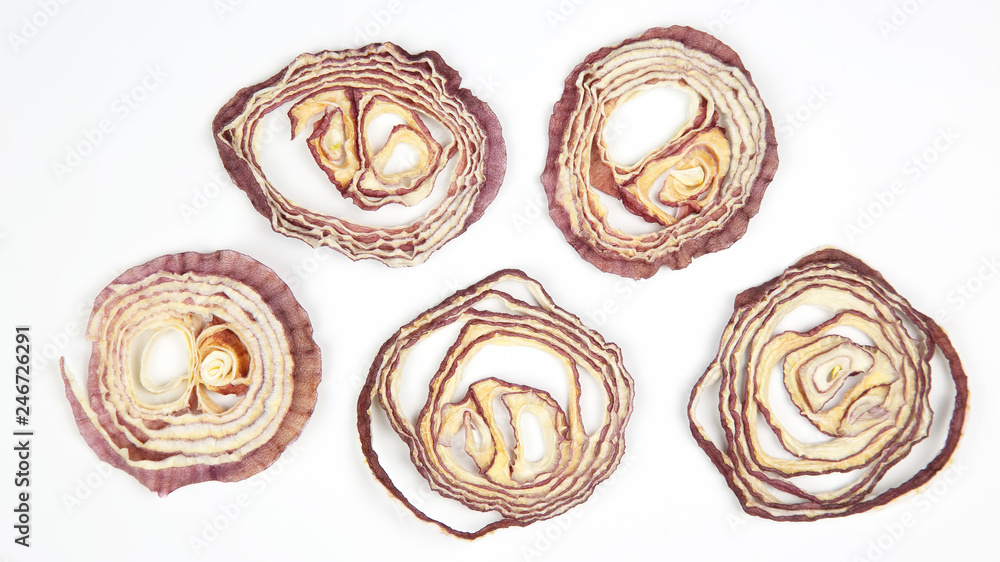 Dried salad onion slices on white background Dried salad onion slices on white background