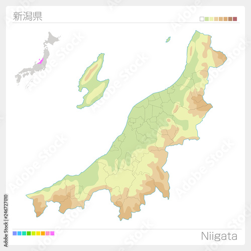 新潟県の地図（等高線・色分け）