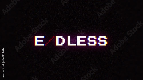 Intentional digital artifact injection fx animation, decoding a noisy scambled 8-bit text: endless. photo