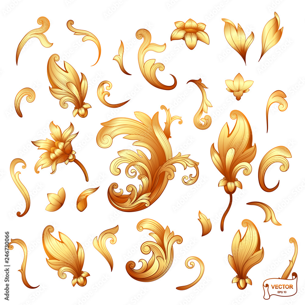 Fototapeta premium Set of element baroque engraving floral scroll