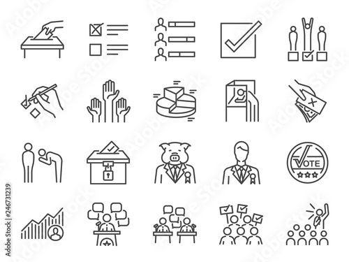 Election line icon set. Included icons as vote, campaign, candidates, ballot, elect and more.