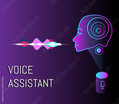 Voice assistance vector concept illustration with smart speaker voice assistant and voice sound recognizer help service business smartphone chatbot technology. Gradient style. 