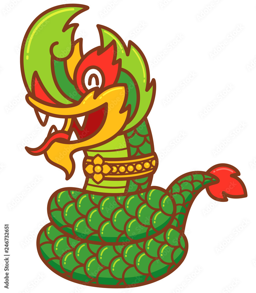 Fototapeta premium Vector illustration of cartoon Dragon green snake. Naga legend
