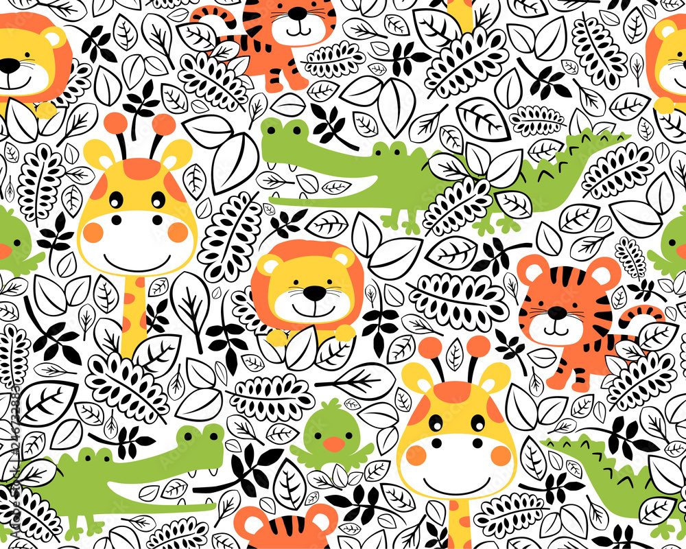 Fototapeta premium seamless pattern vector of funny animals cartoon with leaves