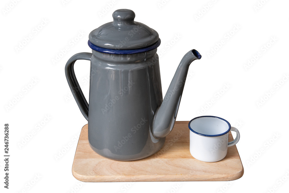Fototapeta premium Gray teapot and white tin cup on white background with clipping path.