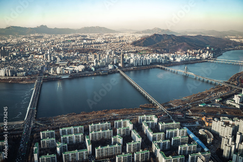 Canvas Print Aerial view cityscape of Seoul, South Korea
