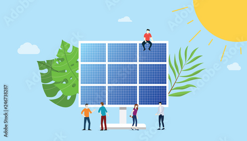 solar panel energy electric with team people on the near men and woman with big leaf and sun - vector