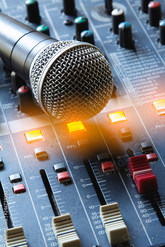 Fotografía Analog microphone on the audio mixer.