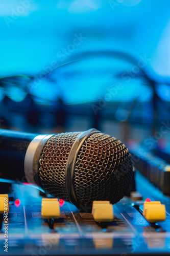 Microphone on the mixer of the sound engineer in the recording studio.