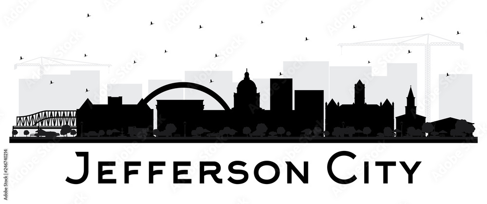 Jefferson City Missouri Skyline Silhouette with Black Buildings Isolated on White.