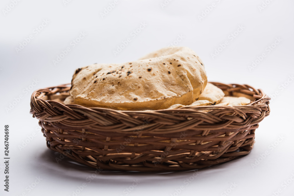 Chapati / Tava Roti also known as Indian bread or Fulka/phulka. Main ingredient of lunch/dinner in India/Pakistan. selective focus