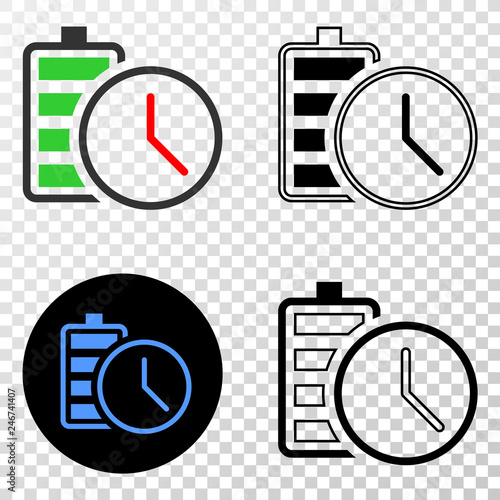 Battery charge time EPS vector icon with contour, black and colored versions. Illustration style is flat iconic symbol on chess transparent background.