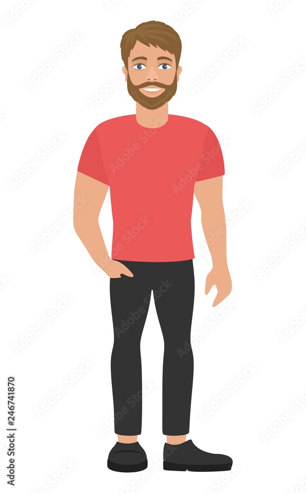 Handsome bearded man in pink t-shirt and dark jeans. Blond hair and blue eyes. Flat style. Cartoon character. Vector illustration. Handsome bearded man in pink t-shirt and dark jeans. Blond hair and blue eyes. Flat style. Cartoon character. Vector illustration.