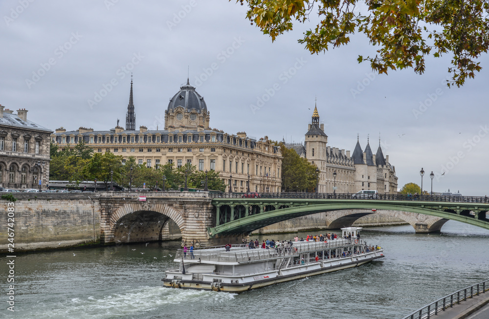 Landscape of Seine River with old bridges