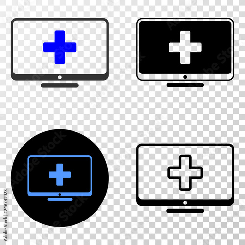 Computer medicine EPS vector icon with contour, black and colored versions. Illustration style is flat iconic symbol on chess transparent background.