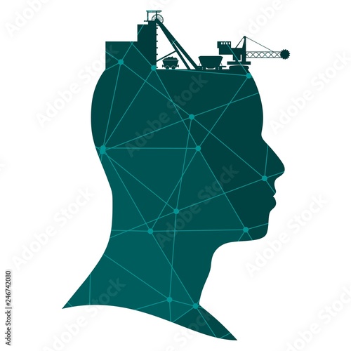 Head with coal mining icons. Heavy industry and energy. Textured by connected lines with dots..