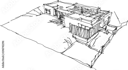 hand drawn architectural sketch of detached house or bungalow situated in the steep slope
