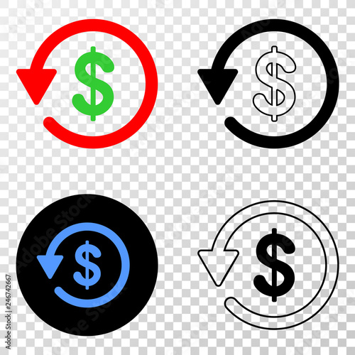 Dollar refund EPS vector pictogram with contour, black and colored versions. Illustration style is flat iconic symbol on chess transparent background.