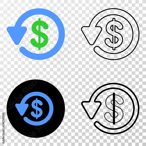 Dollar refund EPS vector icon with contour, black and colored versions. Illustration style is flat iconic symbol on chess transparent background.