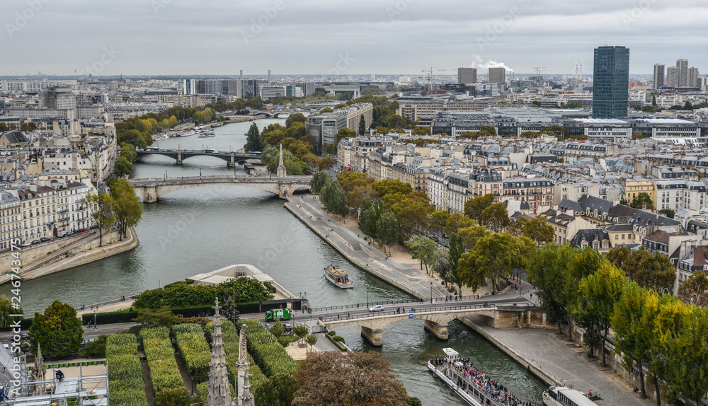Aerial view on River Seine with bridges