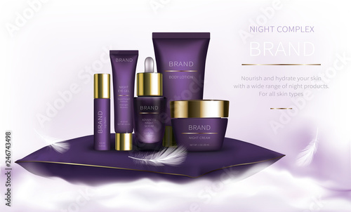 Night cosmetic series for face skin care, realistic vector. Purple jar of cream and serum, plastic tube with eye gel. Cosmetics standing on white fluffy cloud on light background with soft feathers