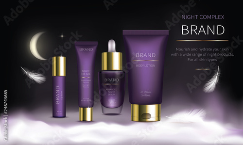 Night cosmetic series for face skin care, realistic vector. Purple jar of cream and serum, plastic tube with eye gel. Cosmetics standing on white fluffy cloud on purple background with soft feathers