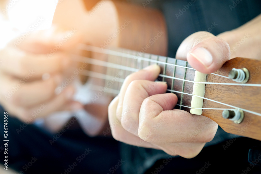A man, he is playing ukulele brown happily in the park on holiday. A man, he is playing ukulele brown happily in the park on holiday.