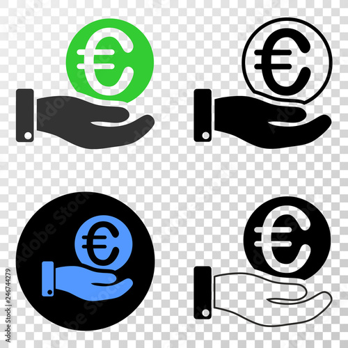 Hand offfer euro coin EPS vector icon with contour, black and colored versions. Illustration style is flat iconic symbol on chess transparent background. photo