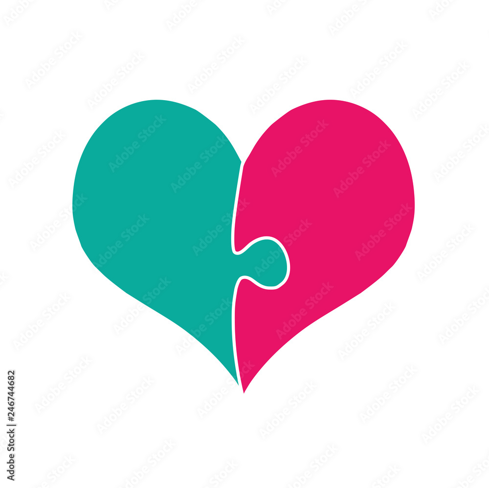 Pink and Green Heart Assembled of Two Puzzle Pieces Pink and Green Heart Assembled of Two Puzzle Pieces