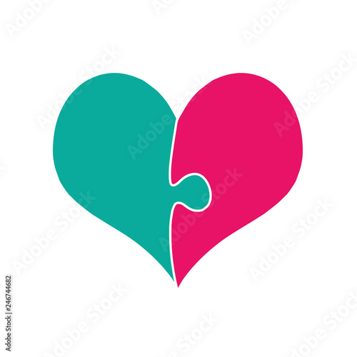 Pink and Green Heart Assembled of Two Puzzle Pieces