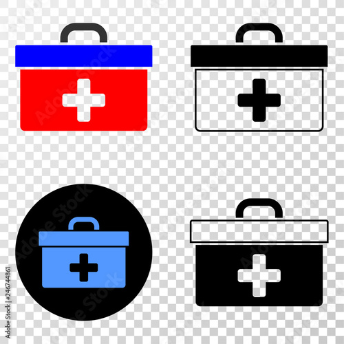 Medical case EPS vector pictogram with contour, black and colored versions. Illustration style is flat iconic symbol on chess transparent background.