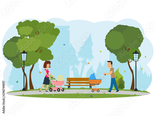 young happy parents walk with a pram in a city park