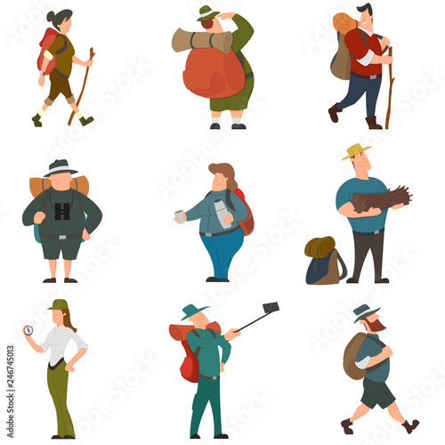 Tourists people characters for hiking and trekking