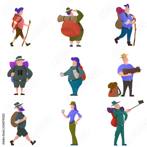 Tourists people characters for hiking and trekking, holiday travel vector concept.