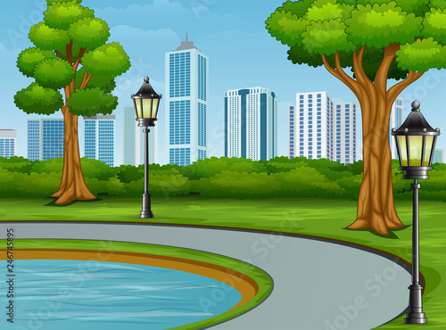 Beautiful city park background with pool and street light