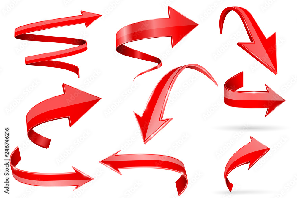 Red 3d shiny arrows. Set of curved icons Red 3d shiny arrows. Set of curved icons