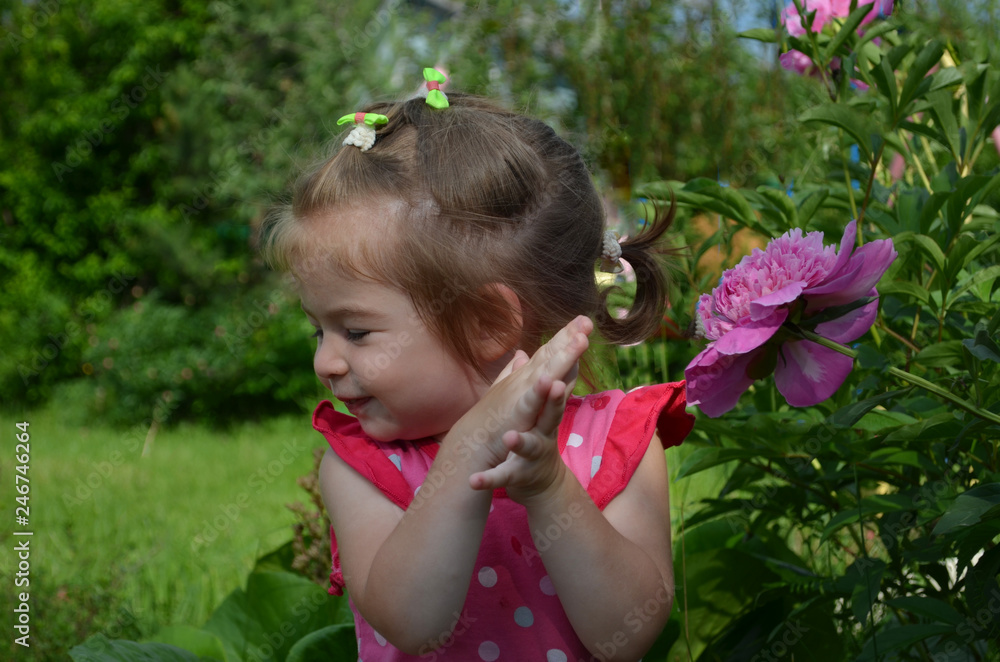 happy beautiful little girl in pink t-shirt sniffs big pink flower happy beautiful little girl in pink t-shirt sniffs big pink flower