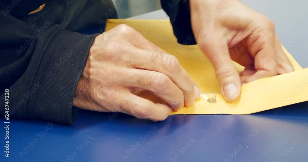 Close up on hands opening an orange envelope and placing important